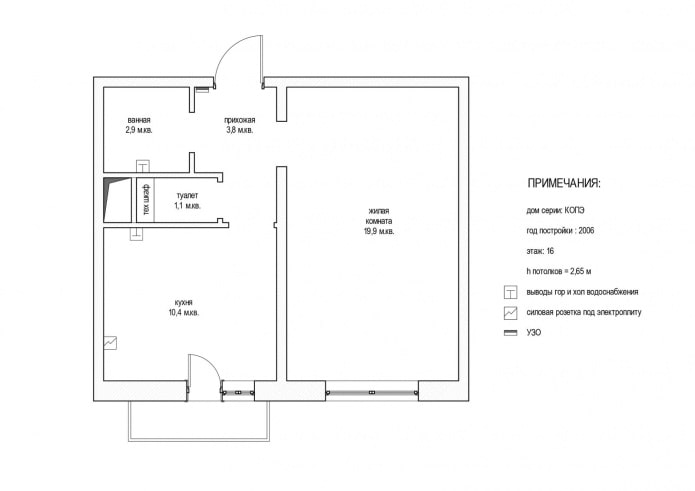 планировка однокомнатной квартиры 38 кв. м. в доме серии КОПЭ