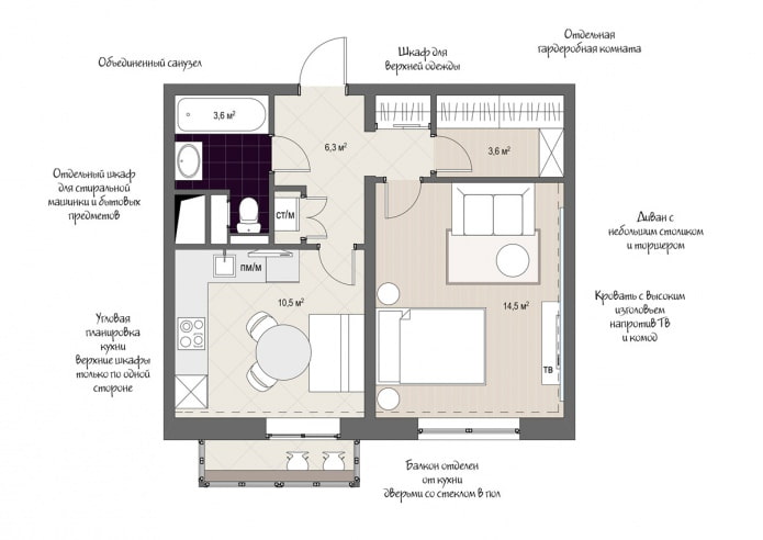 план расстановки мебели в однокомнатной квартире 38 кв. м. в доме серии КОПЭ