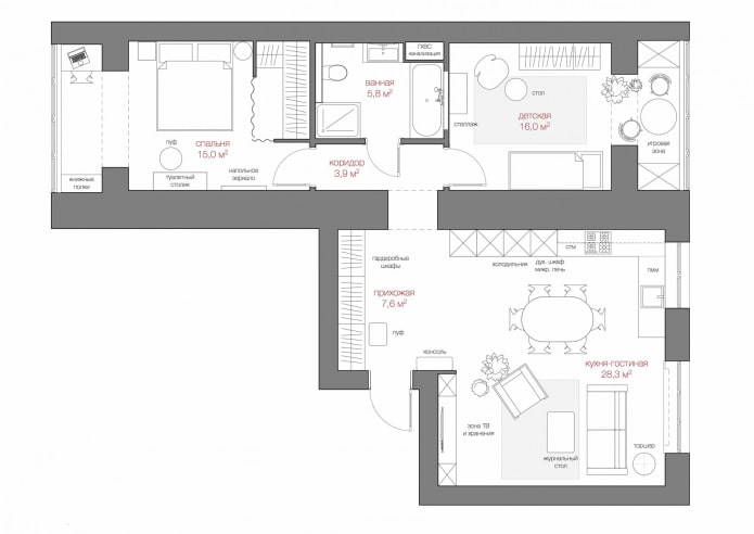 планировка трехкомнатной квартиры 80 кв. м. с расстановкой мебели