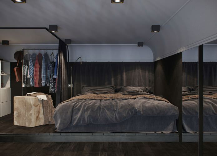 интерьер спальни в квартире-студии с высокими потолками