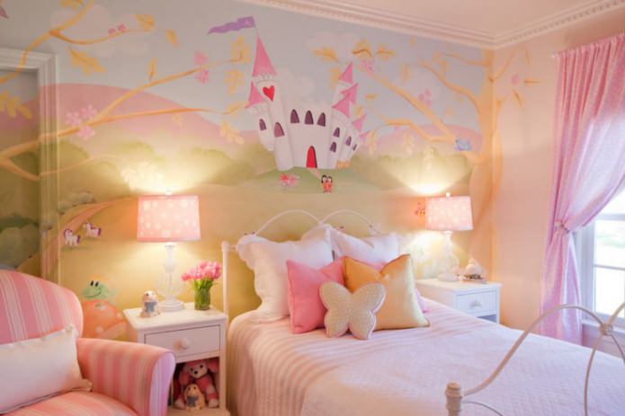 фотообои с сказочным замком в детской комнате для девочки