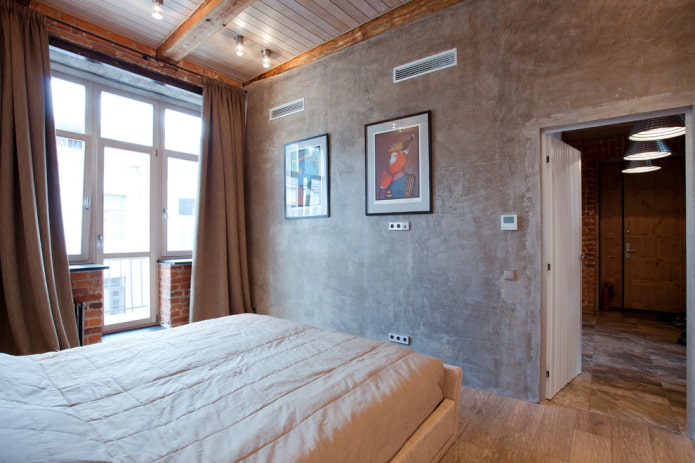 шторы из рогожки в спальне в стиле лофт