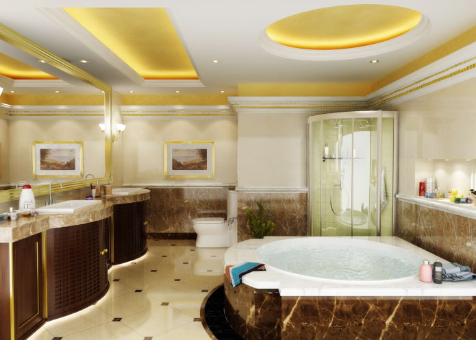 золотистый потолок в интерьере ванной