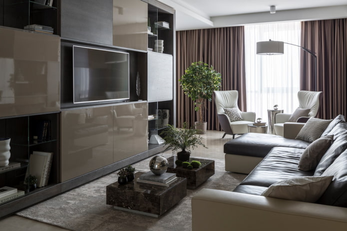 телевизор встроенный в мебель в интерьере гостиной