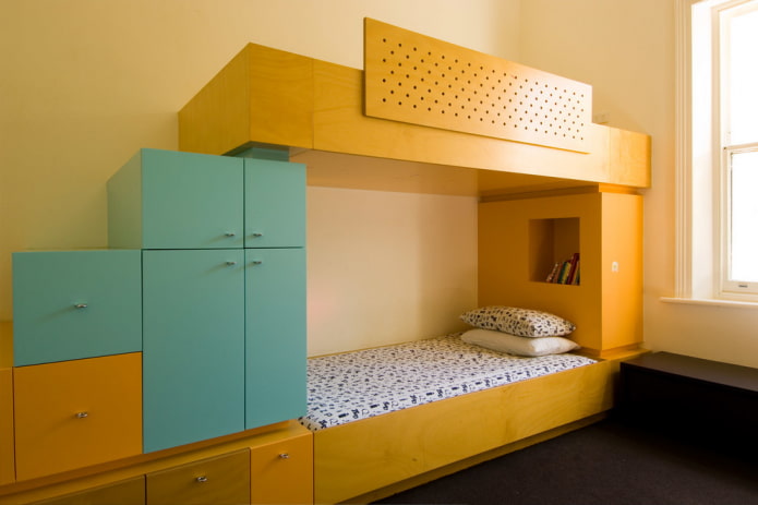 двухъярусная желтая кровать в детской