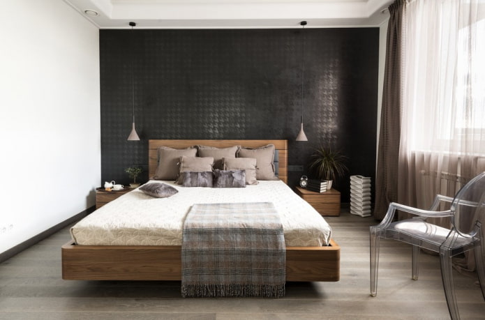 коричневая кровать в интерьере спальни