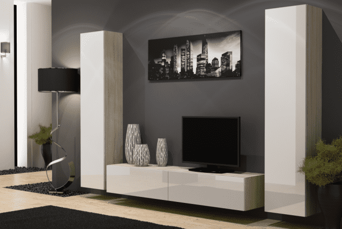дизайн стенки в интерьере гостиной
