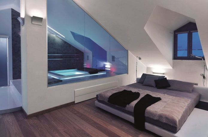 интерьер мансардной спальни в стиле хай-тек