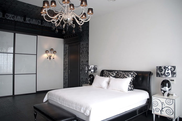 интерьер спальни в черно-белых тонах в стиле ар-деко