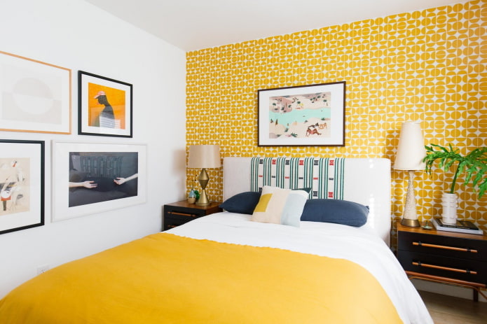 отделка спальной комнаты в желтых тонах