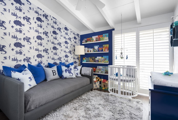 сине-белый интерьер детской комнаты