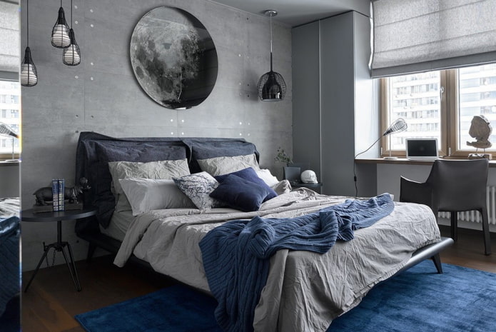 дизайн серо-синей спальни