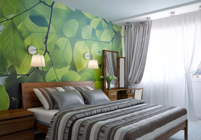 интерьер серо-зеленой спальни