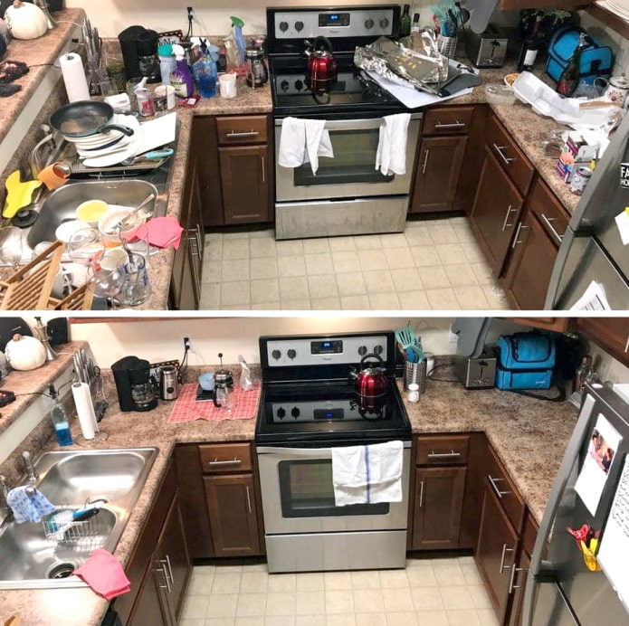 П-образная кухня до и после уборки
