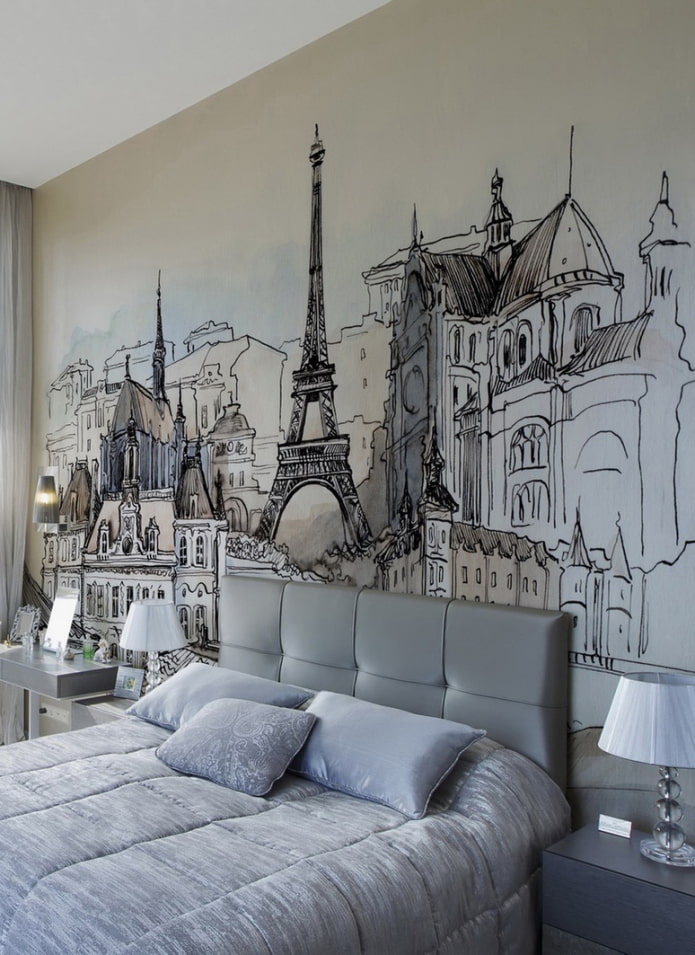 настенная роспись с парижскими мотивами в спальне