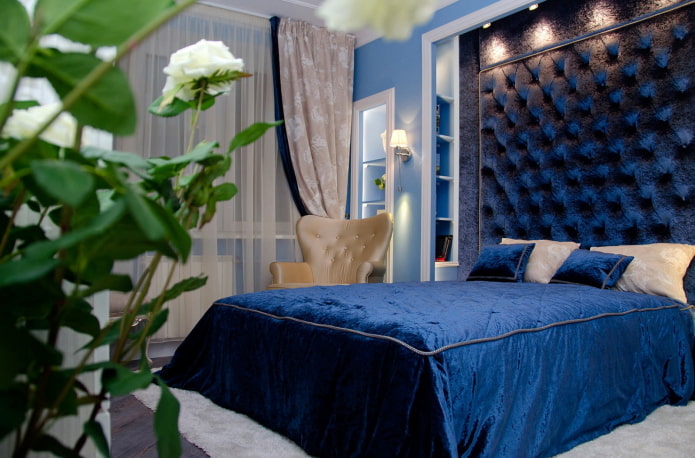 Синяя спальня: оттенки, сочетания, выбор отделки, мебели, текстиля и освещения